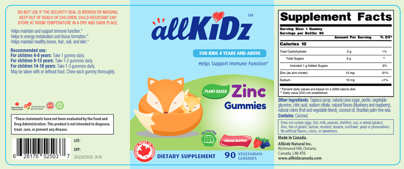 Zinc Gummies allKiDz Label