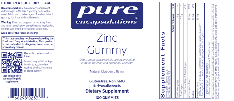 Zinc Gummy (Pure Encapsulations) label