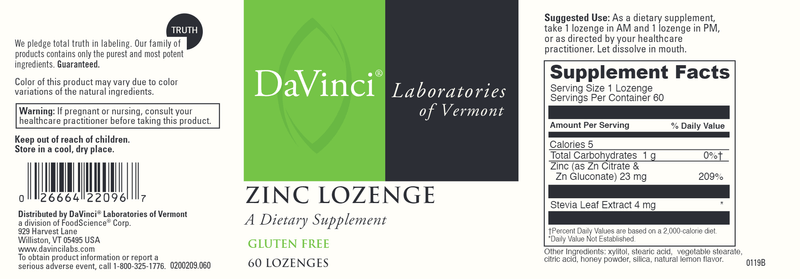 Zinc Lozenge DaVinci Labs Label