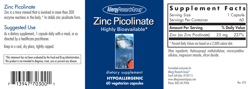 Zinc Picolinate (Allergy Research Group) label