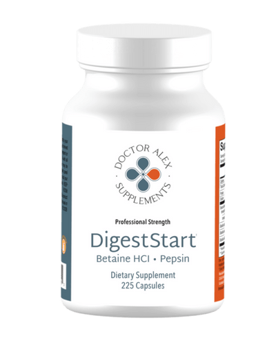 digeststart betaine hcl and pepsin | betaine & pepsin | doctor alex supplements | low stomach acid supplement | hypochlorhydria | support stomach acid
