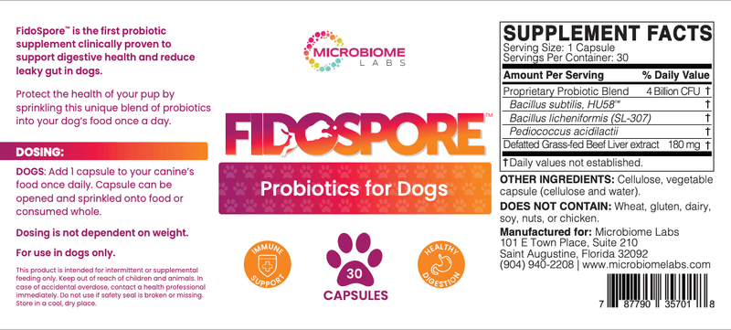 FidoSpore - Dog Probiotic (Microbiome Labs) Label