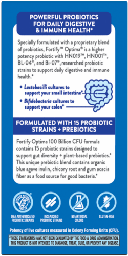 Fortify Optima Daily Probiotic 100 Billion 30 veg capsules [REFRIGERATED] (Nature's Way) label