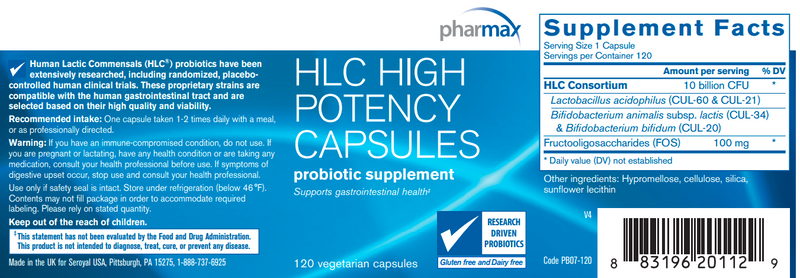 HLC High Potency 120 Capsules (Pharmax) Label