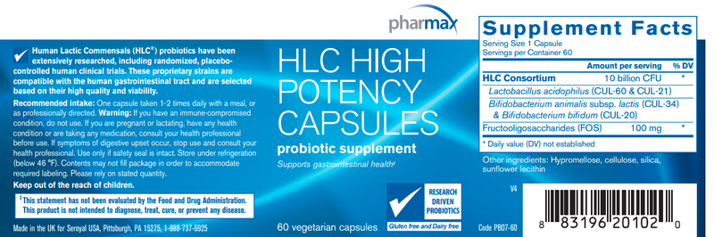 HLC High Potency 60 Capsules (Pharmax) Label