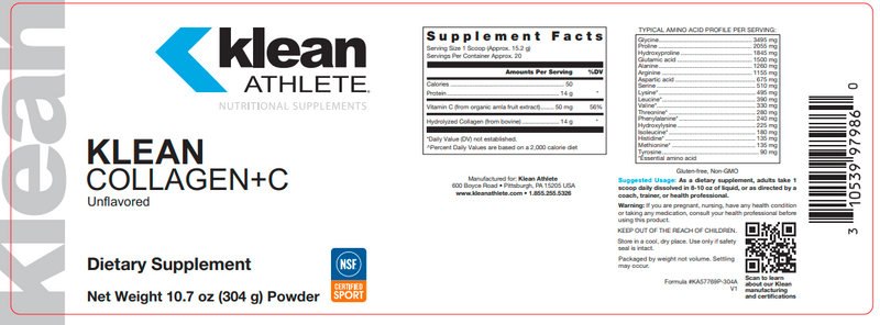 Klean Collagen+C Unflavored (Klean Athlete) label