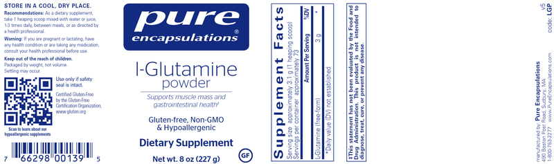 L-Glutamine Powder 227 G. (Pure Encapsulations) label