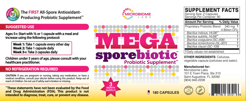 MegaSporeBiotic (180 capsules, 3-month supply) label