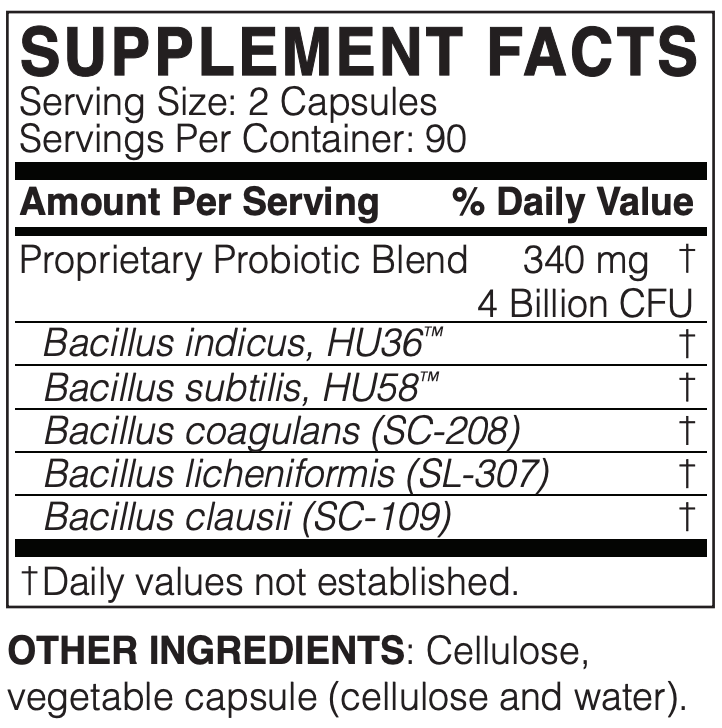 MegaSporeBiotic Spore Probiotic Supplement, 180 Capsules Supplement Facts Label