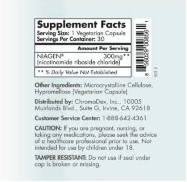 Tru Niagen 30 and 90 capsules TruNiagen Supplement Facts